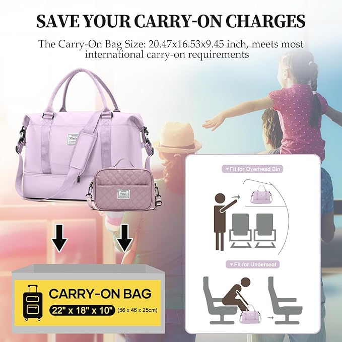 Weekender Bags for Women,Carry On Overnight Travel Duffel Personal Item Bag with Shoes Compartment & Grid Toiletry Bag,Large,Purple