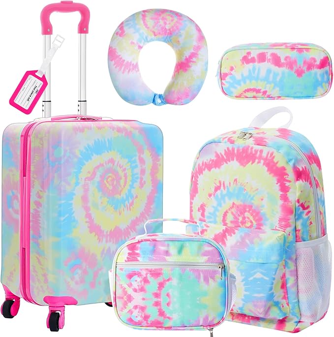 Redbaker 17 Inch 6 Pcs Kids Luggage Set Kids Rolling Luggage Double Pattern Suitcase for Boys Girls (Pink and Purple, Tie-dye Style)