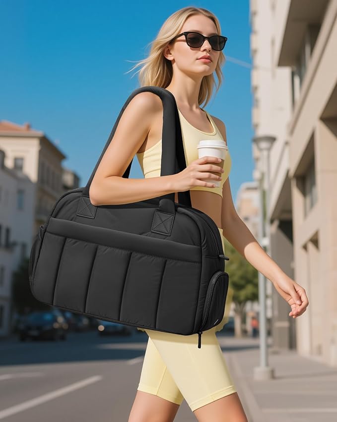 oscaurt Gym Bag for Women Puffer Duffle Bag for Travel Water Resistant Carry On Weekender Overnight Duffel Dance Bag with Shoe Compartment