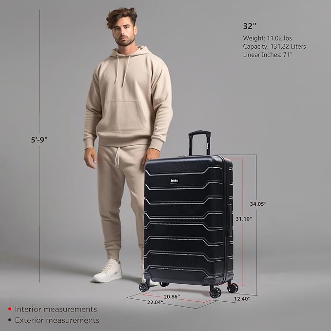 InUSA TREND Luggage with Spinner Wheels | Durable lightweight Hardside Suitcase, Travel Bag with Handle and Trolley | 32-inch Extra-Large Checked luggage | Black