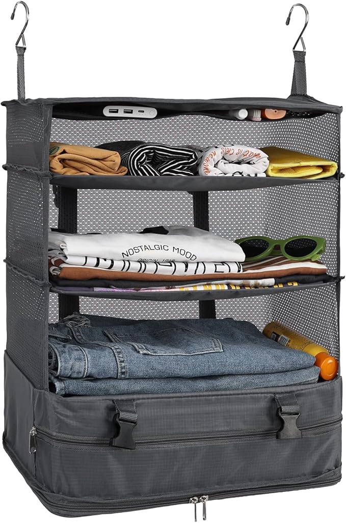 Surblue Hanging Closet Storage Bag Collapsible 3-Shelf Washable Oxford Fabric with 2 Hooks (XL 17.71 * 11.81 * 20in, Grey)