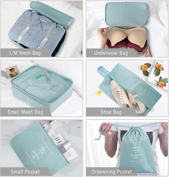 Packing Cubes, 8 Pcs Travel Packing Organizers for Suitcases, Large Capacity Travel Luggage Organizers Set includes 8 Storage Bags, (Light Blue)