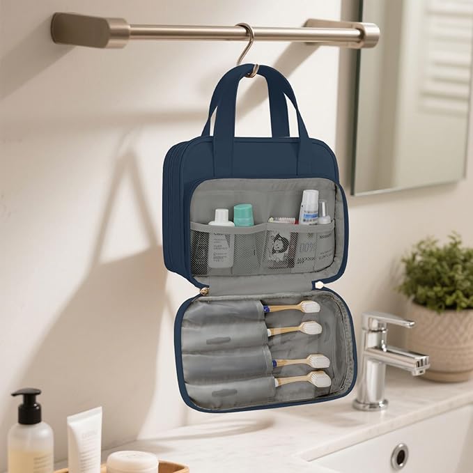 Travel Toiletry Bag, Water-resistant PU Leather Makeup Bag with Multiple Compartments, Large Capacity Makeup Organizer Bag with Handle for Accessories, Essentials, Toiletries, Navy Blue