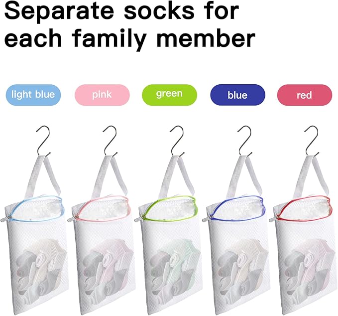 5 PACK Hanging Mesh Laundry Bags with S Metal Hooks,10x12 Inch Hanging Socks Laundry Bags, Washing Machine, for Ball Storage, Travel, Toys, Sports Factories, Dorms