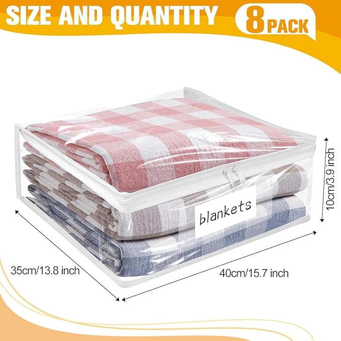 Plastic Storage Bags with Easy-Glide Zipper, Pack of 8, Durable Clear Vinyl Zippered Storage Bags for Clothes Sweaters Comforters Blankets Sheets Bedding (15.7 x 13.8 x 3.9 Inch)