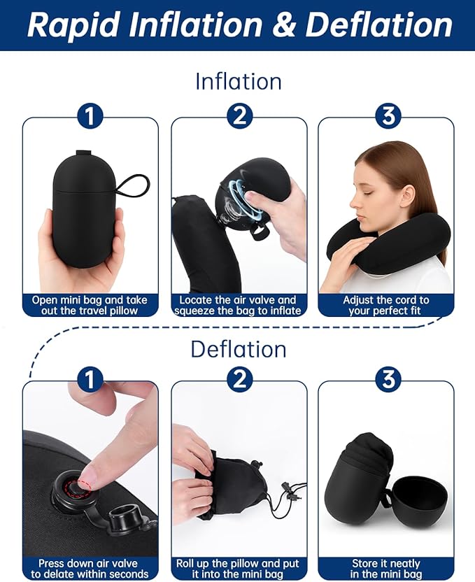 Inflatable Travel Neck Pillow for Airplane with Adjustable 360° Head & Neck Support, 2-in-1 Air Pump and Storage Bag, Soft Removable Washable Cover for Airplane, Train, Car, Office (Black)