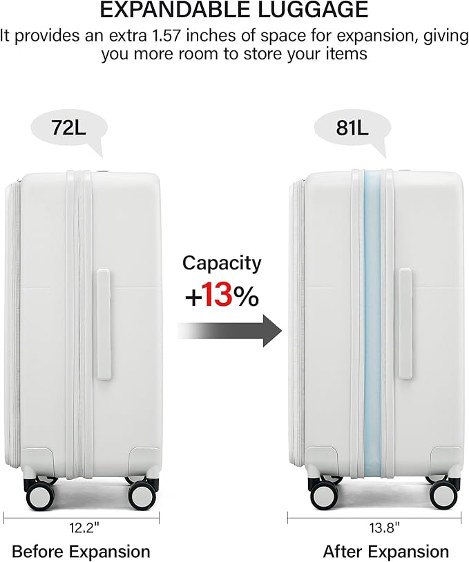 Hanke 24 Inch Expandable Checked Luggage with Cup Holder and Charger Port,Top Opening Hard Shell Suitcases with Wheels, Medium Travel Rolling Suitcase Trunk Luggage with Lock, Smoke White