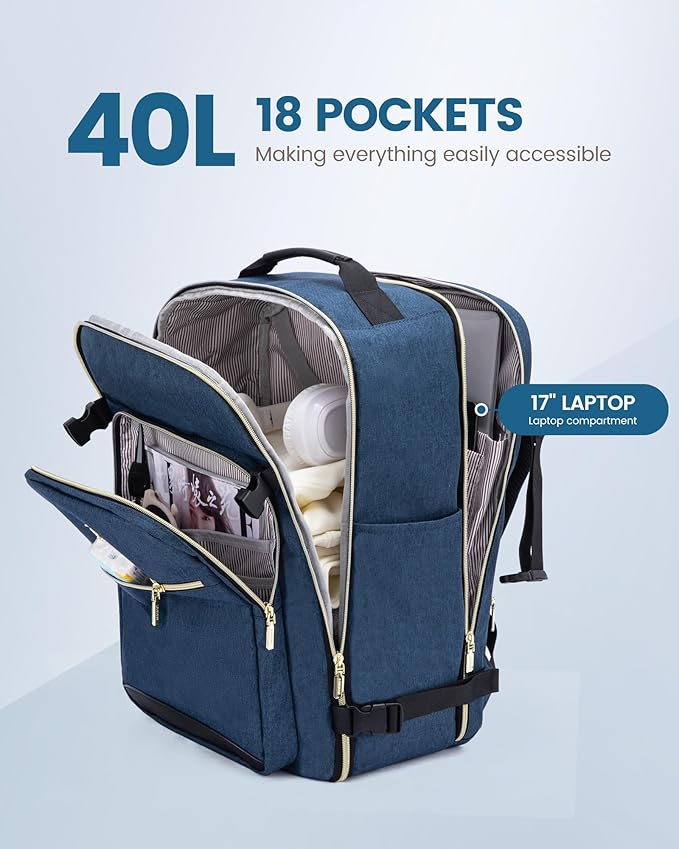 LOVEVOOK Travel Backpack for Women & Men 40L,Airline Approved Carry On Backpack Travel Essentials,TSA Carry on Luggage,Waterproof Personal Item Travel Bag,Suitcase with 3 Packing Cubes,Dark blue-Black