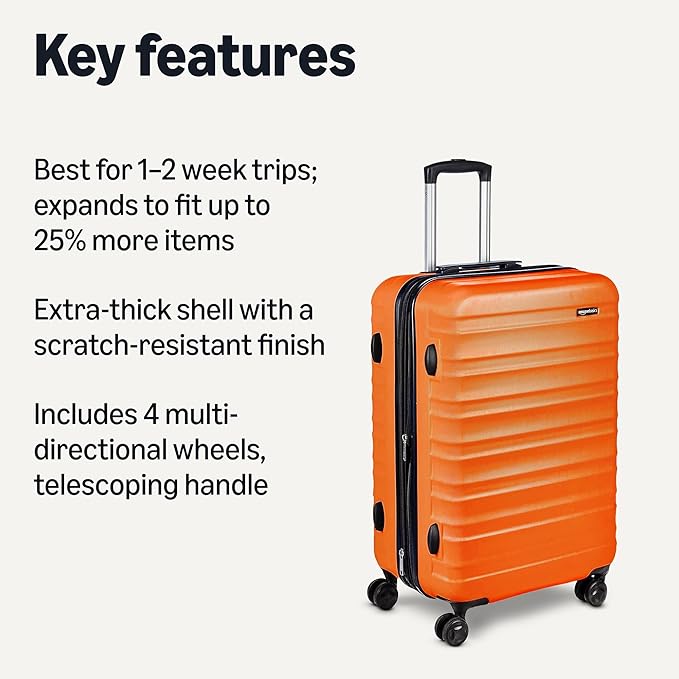 Amazon Basics 26" Hardside Medium Checked Luggage, Expandable Hardshell Suitcase with Wheels, Scratch-Resistant Surface, Four Multi-directional Wheels, Orange