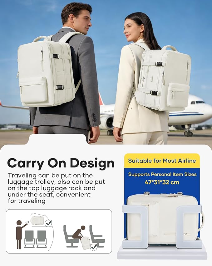 VECAVE Vacuum Backpack Travel with Pump, Expandable Personal Item Carry on Backpacks for Women Men, Laptop Waterproof Work Compression bags with USB Casual Daypack Beige