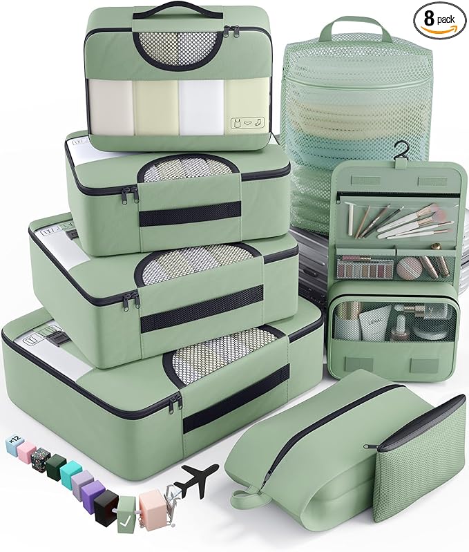 Veken 8 Set Packing Cubes for Travel Essentials, Suitcase Organizer Bags in 4 Sizes, Carry-On Luggage Accessories with Large Laundry & Hanging Toiletry Bag, Must-Have for Airplane, Road Trip & Camping