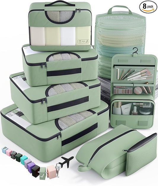 Veken 8 Set Packing Cubes for Travel Essentials, Suitcase Organizer Bags in 4 Sizes, Carry-On Luggage Accessories with Large Laundry & Hanging Toiletry Bag, Must-Have for Airplane, Road Trip & Camping