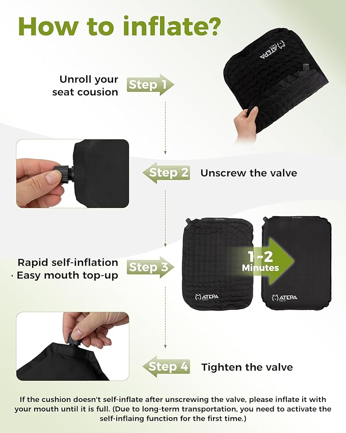 ATEPA Inflatable Seat Cushion, Self-Inflating Portable Stadium Airplane Travel Foam Cushion Pad for Camping, Sports Events, Outdoor