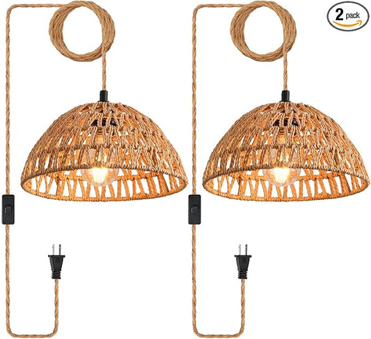 Plug in Pendant Light, Industrial Hanging Light with Plug in Cord Hemp Rope On/Off Switch Farmhouse Pendant Lamp with Plug in Cord, Vintage Hanging Lamps for Dining Room