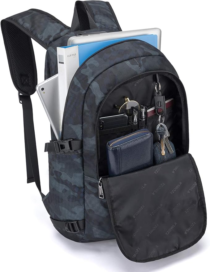 Tzowla Travel Laptop Backpack Water Resistant Anti-Theft Bag with Giant Tumbler Holder Pocket and Lock 15.6 Inch Computer Business Backpacks for Women Men Work College Gift,Casual Daypack(BlueCamo)