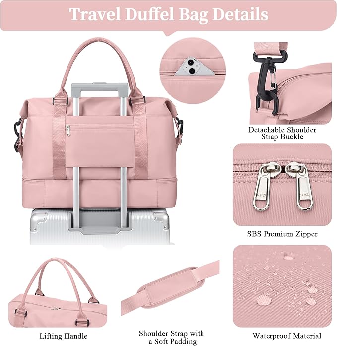 Weekender Bags for Women,Personal Item Travel Bag with Shoes Compartment,Overnight Travel Duffel Bag with Quilted Toiletry Bag,Pink