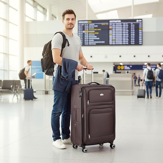 30'' Large Softside Suitcase,Expandable 15% Luggage,w/Double Spinner Wheels w/Combination LOCK,Lightweight Travel Suitcase for Travel（Coffee,30in）