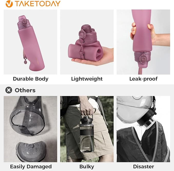 TakeToday Collapsible Water Bottles 32oz, Foldable Travel Bottle, TSA-Approved Leakproof Newly Silicone Water Bottle for Hiking, Travel, Outdoors, Purple