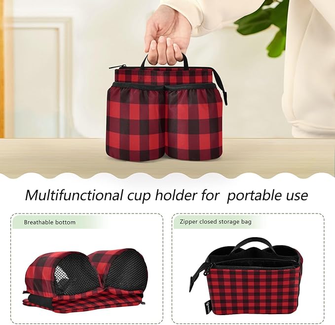 Luggage Cup Holder for Suitcases Free Hands Travel Cup Holder Portable Suitcase Cup Drink Holder Luggage Cup Caddy Bag Carrier Red and Black Buffalo Plaid