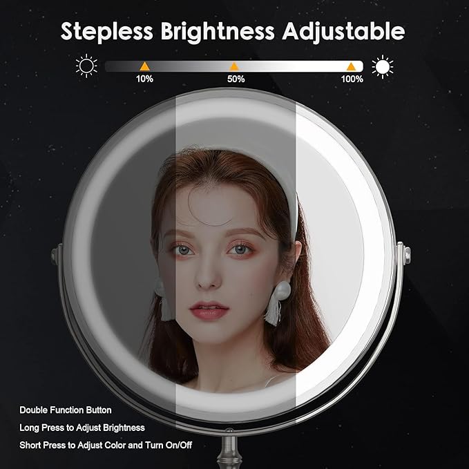 DEIOVWXS Makeup Mirror, 3000mAh Rechargeable Double-Sided Magnifying Vanity Mirror with 3 Colors, 1X/10X, 360° Rotation, Adjustable Brightness, Gifts for Mom, Women,Wife, Girls, Dorm Room Essential