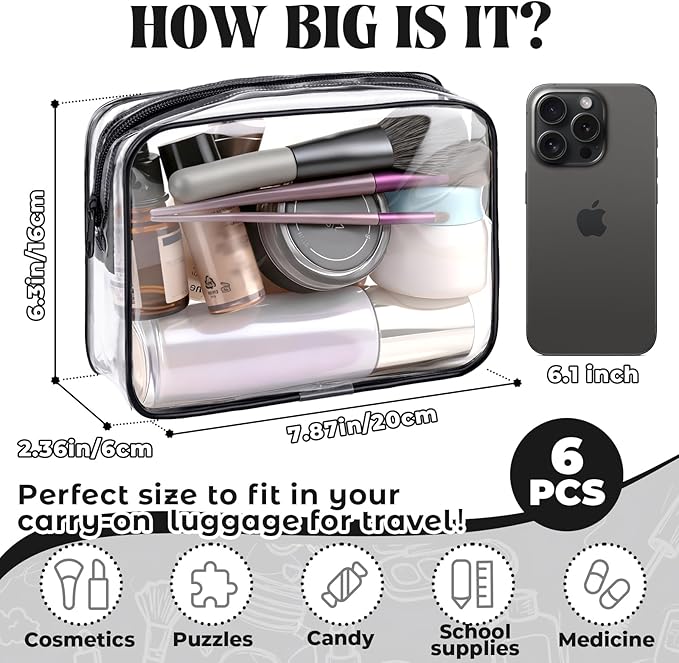 6 Pieces Clear Makeup Bags Bulk TSA Approved Toiletry Bag for Travel PVC Waterproof Clear Cosmetic Pouch with Zipper for Men and Women Carry-on Travel Essentials (Black)