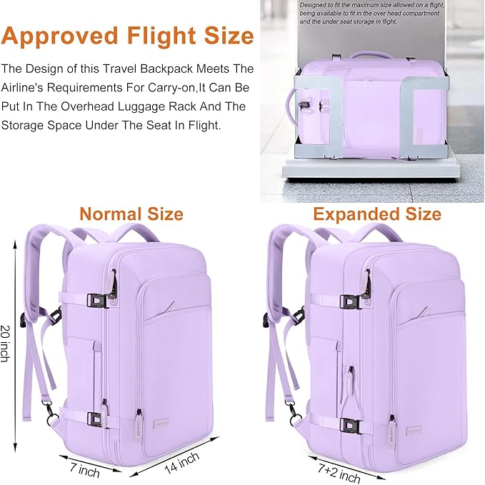 Lumesner Carry on Travel Backpacks, Extra Large 40L Flight Approved Bag for Men & Women,Expandable Suitcase Backpack With 4 Packing Cubes,Water Resistant Luggage Daypack Business Weekender Bag, Purple