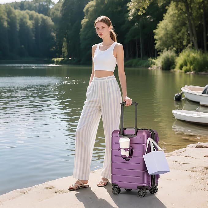 KYME Carry On Luggage 22x14x9 Airline Approved with TSA Lock Hardshell Expandable 20 Inch Luggage Carry On Suitcase with Wheels Small Travel Rolling Luggage with Cup Holder for Women Dark Purple