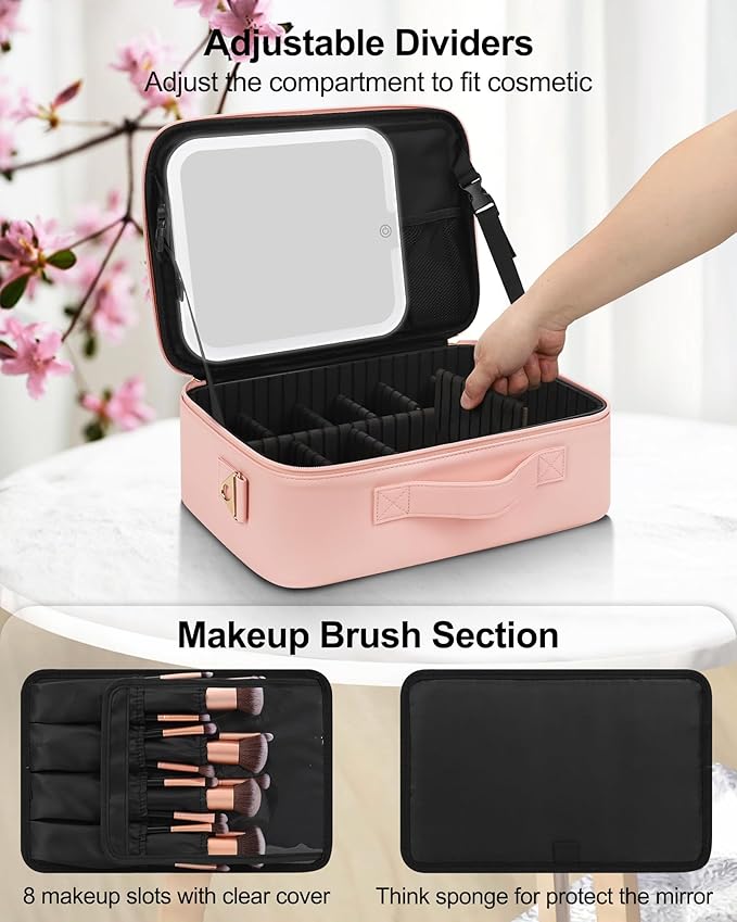 Relavel Travel Makeup Bag With LED Mirror, Portable Cosmetic Bag Organizer with Adjustable Brightness in 3 Color Scenarios, Professional Large Cosmetic Train Case with Shoulder Strap - Pink