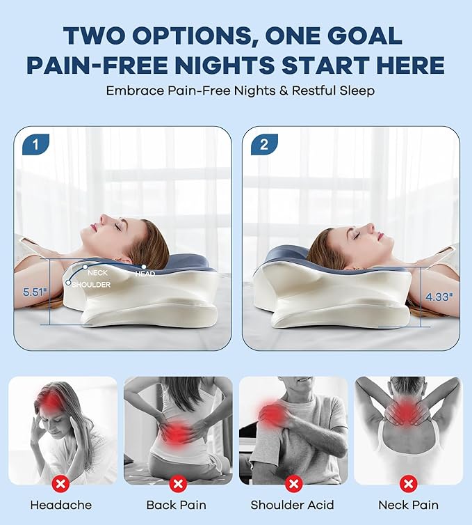 DONAMA Cervical Pillow for Neck and Shoulder Pain Relief, Cooling Contour Memory Foam Pillow, Dual-Height Ergonomic Neck Support Pillow for Side Back Stomach Sleepers with Removable Pillowcase