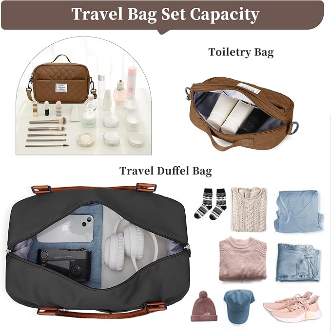 Weekender Bags for Women,Personal Item Travel Bag with Shoes Compartment,Overnight Travel Duffel Bag with Grid Toiletry Bag,Black & Brown