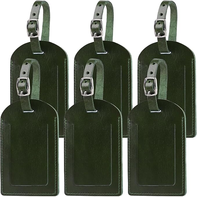 Ringsun Genuine Leather Luggage Tag for Suitcases ID Tags Bag Tags for Luggage (6 Pack, Green)