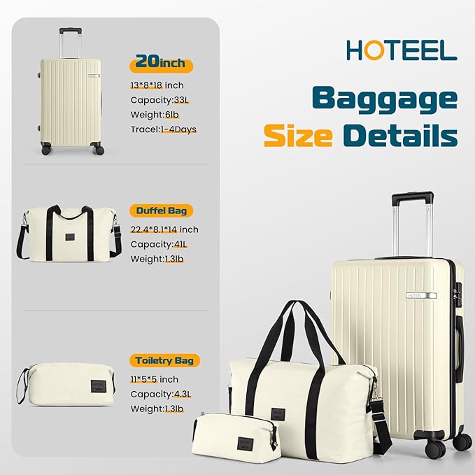 Hoteel Luggage Sets 3 Piece, 4-Yr Warranty, PC+ABS Suitcases with Wheels and Side Hook, Hardshell 20 inch Luggage with Duffel Bag Travel Bag, Beige(20/DB/TB)