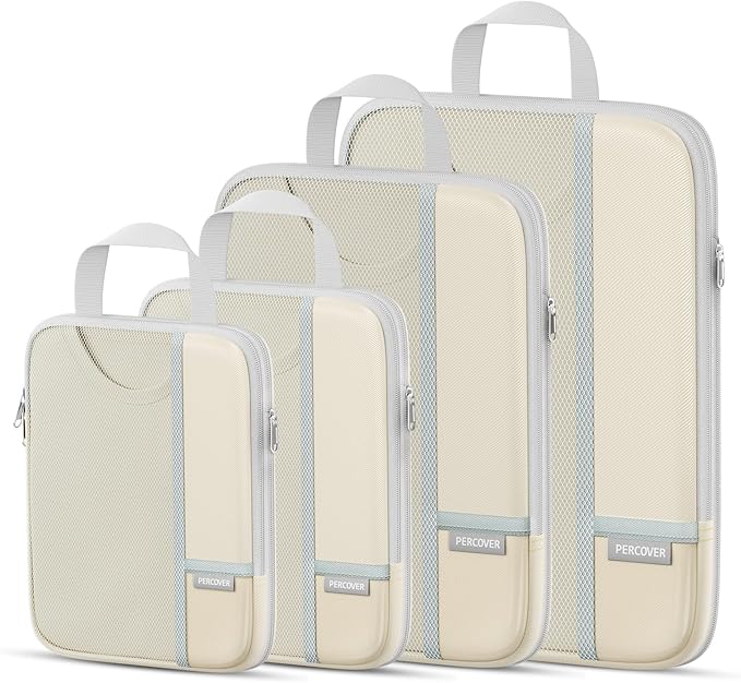Percover Compression Packing Cubes 4-Piece Set, Packing Cubes Compression for Travel with Label Pockets, Travel Organizer for Carry On & Checked Luggage, Beige