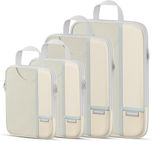 Percover Compression Packing Cubes 4-Piece Set, Packing Cubes Compression for Travel with Label Pockets, Travel Organizer for Carry On & Checked Luggage, Beige