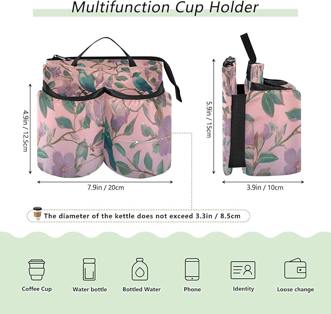 Luggage Cup Holder for Suitcases Free Hands Travel Cup Holder Portable Suitcase Cup Drink Holder Luggage Cup Caddy Bag Carrier Vintage Birds and Pink Flowers