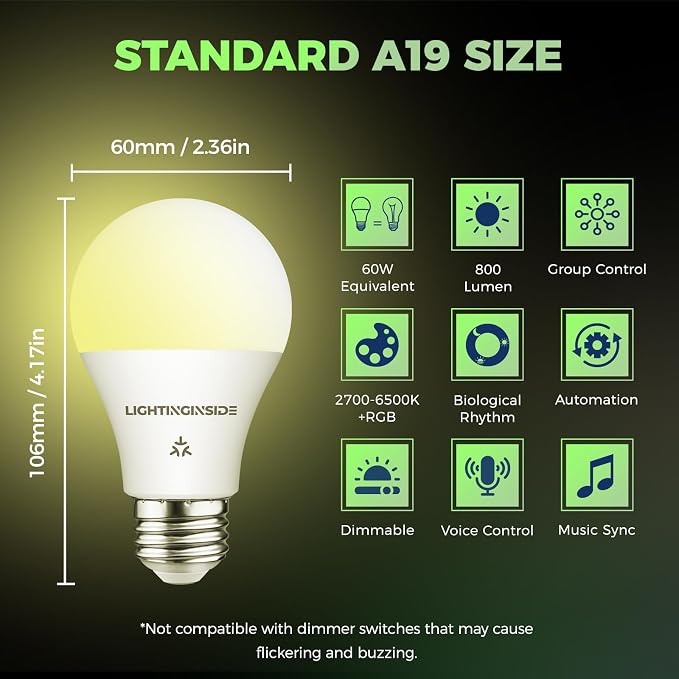 Matter Smart Light Bulbs, RGBCW Color Changing Light Bulb | Compatible with Alexa/Apple Home/Google Home/Siri/SmartThings, A19 E26 Smart Bulb, 800LM 60W, 2.4G WiFi, ETL Listed, 10 Pack