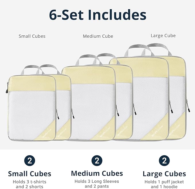 Compression Packing Cubes 6 Set, Compressible Space-Saving Packing Cubes for Travel - Compression Bags, Luggage Organizer, Travel Essentials for Women, Light Yellow