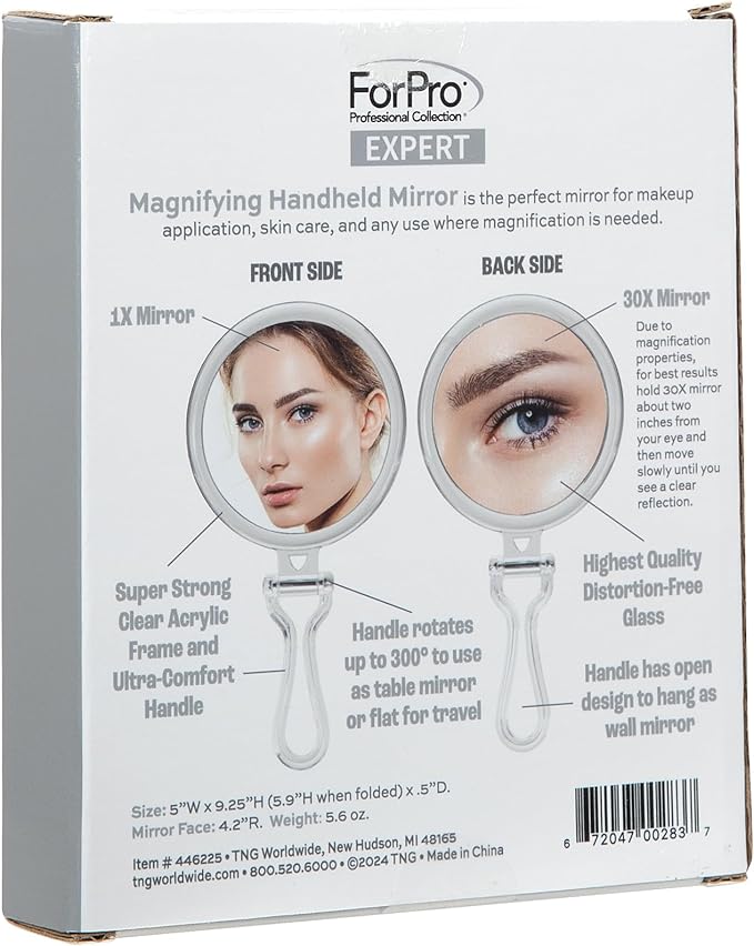 ForPro Professional Collection Expert 30X Magnifying Handheld Mirror, Double-Sided Hand Mirror with Folding Adjustable Handle for Makeup, Travel, Clear