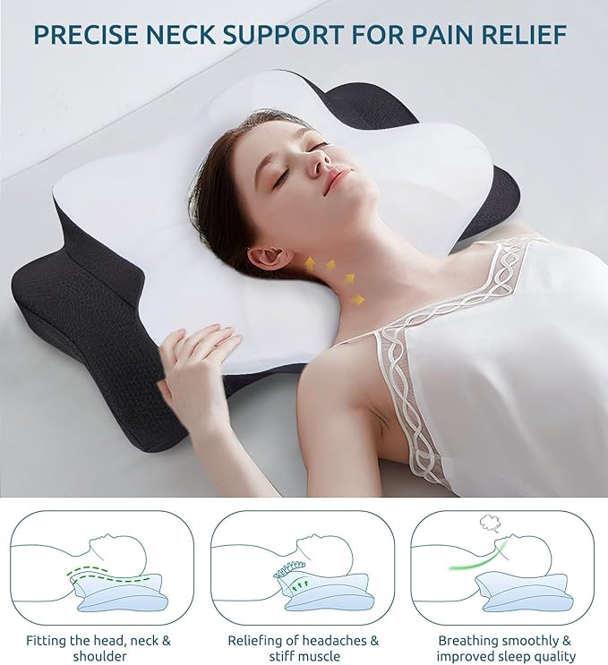 Cervical Neck Pillow for Neck & Shoulder, Ergonomic Contour Memory Foam Pillows for Sleeping with Washable Pillowcase, Neck Support Pillow for Back Stomach Side Sleeper Standard Size Black