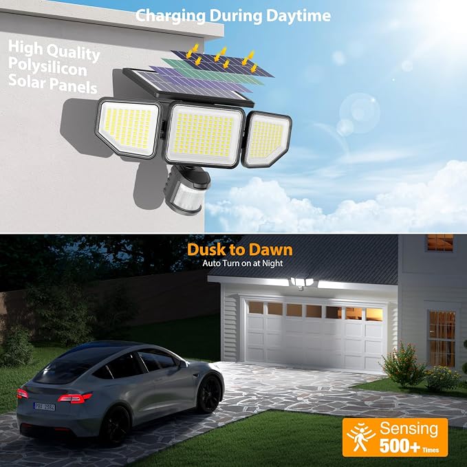 Onforu 4500LM Solar Lights Outdoor, 3 Heads Security Lights with Remote Control, IP65 Waterproof Motion Sensor Lights, 3 Modes Flood Lights for Wall, Porch, Yard, Outside, 4 Pack