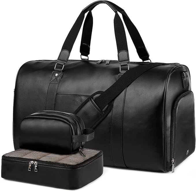 Large 3-in-1 Leather Duffle Bag for Travel Weekender Overnight Hospital Gym Bag for Men & Women, Carry On Airline Approved Personal Item Duffel Garment Bag Luggage with Shoe Compartment & Toiletry Bag