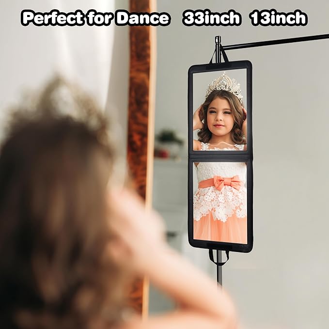 LPHUMEX 33x13 in Portable Mirror Full Length Door Hanging, Black Foldable Shatterproof Full Body Door Mirror for Dancing Bag, Travel