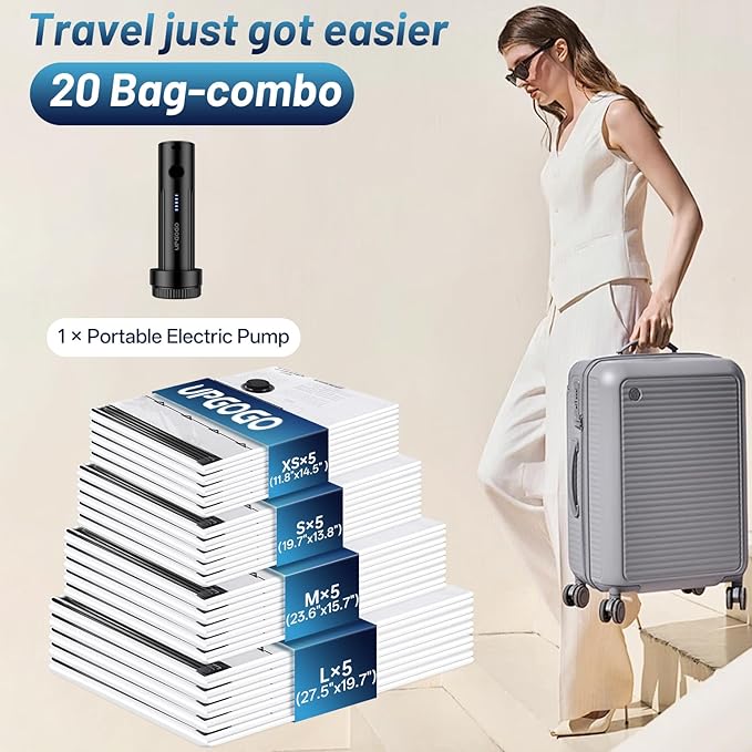 Travel Vacuum Bags for Luggage with Portable Electric Pump,Vacuum Seal Bags for Clothing,Packing Cubes Compression,Cruise Ship and Travel Essentials(Combo 20 Pack)