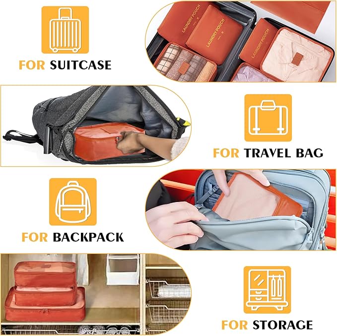 7 Set Packing Cubes for Travel Luggage Packing Bags Reusable Waterproof Suitcase Organizer Bags Set with Shoe Bag and Toiletry Bag (Orange)