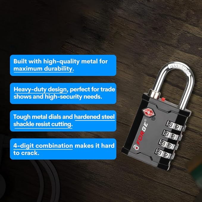 Forge 4-Digit TSA Approved Travel Locks – Heavy-Duty Combination Padlock for Travel, Gym, Pelican Case. Black 2-Pack.