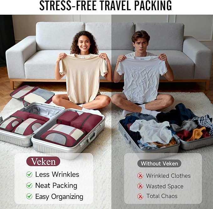 Veken 8 Set Packing Cubes for Travel Essentials, Gifts for women, Suitcase Organizer Bags in 4 Sizes, Carry-On Luggage Accessories with Large Laundry & Hanging Toiletry Bag, Must-Have for Airplane