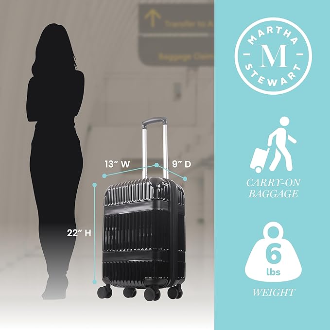 Martha Stewart The Bedford 22 Inch Carry On Luggage, Hardshell Rolling Suitcase with Spinner Wheels, Black