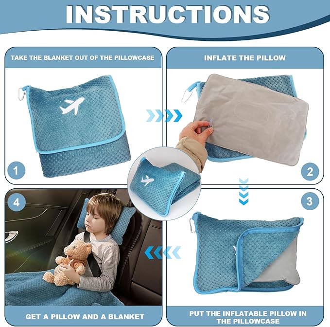 Travel Blanket Airplane Compact with Bag, Travel Essentials 3 in 1 Packable Airplane Blanket, Travel Pillow and Blanket Set, Inflatable Pillow, Luggage Sleeve & Backpack Clip (Slate Blue)