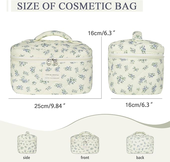 Large Travel Quilted Makeup Bag for Women,Big Floral Cotton Cosmetic Bag, Cute Coquette Aesthetic Floral Toiletry Organizer Bag (Blue Flower)