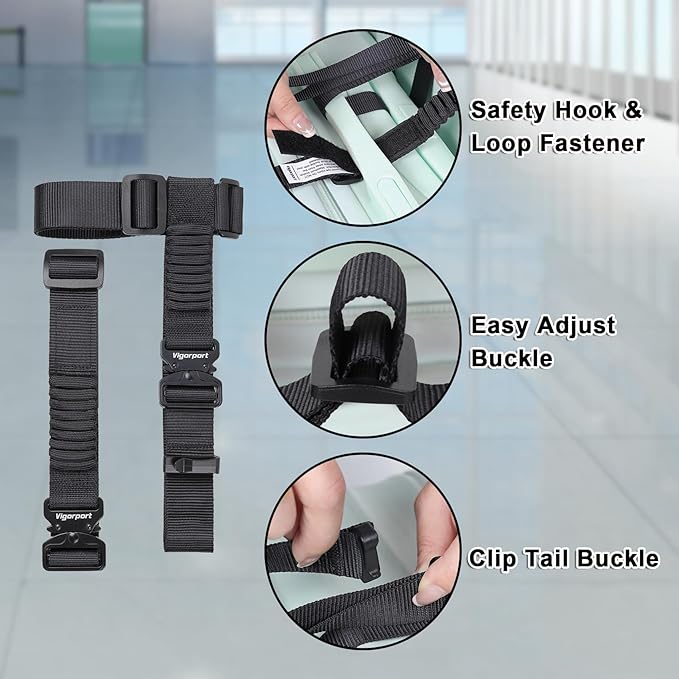 Vigorport Luggage Straps, Metal Luggage Connector Straps for Suitcases, Stretchable Add a Bag Adjustable Accessories Travel Belts (Black, Large)